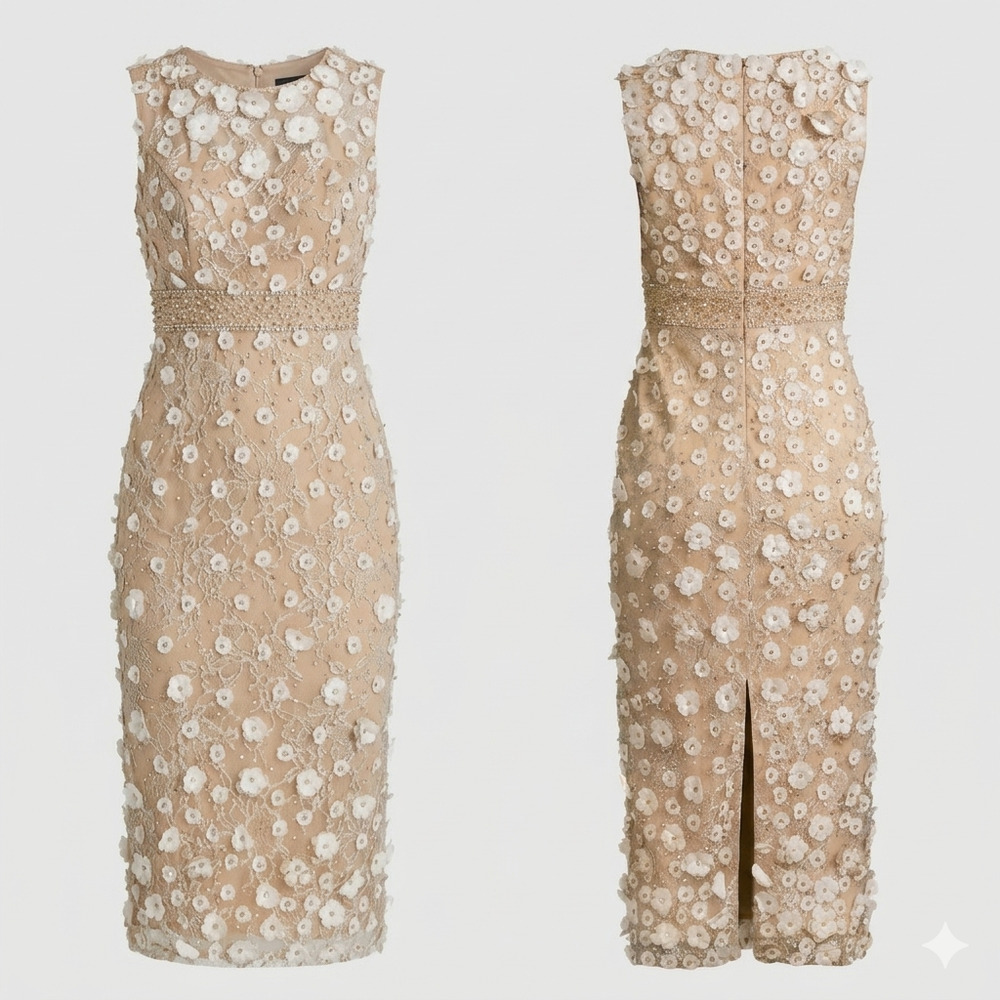 Mac Duggal Nude Ivory Floral Applique Sleeveless Midi Dress Size 0 NWT+I - Picture 5 of 12